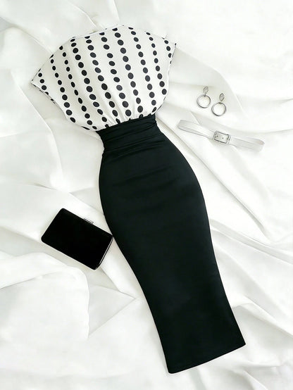 Franclia Women's Polka Dot Print Cap Sleeve Pleated Slim Fit Elegant Dress