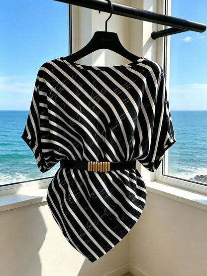 Franclia Women's Premium Luxury Vintage Asymmetrical Striped Belt Batwing Sleeve Cinched Waist Blouse, Summer Slimming Elegant Chic Top