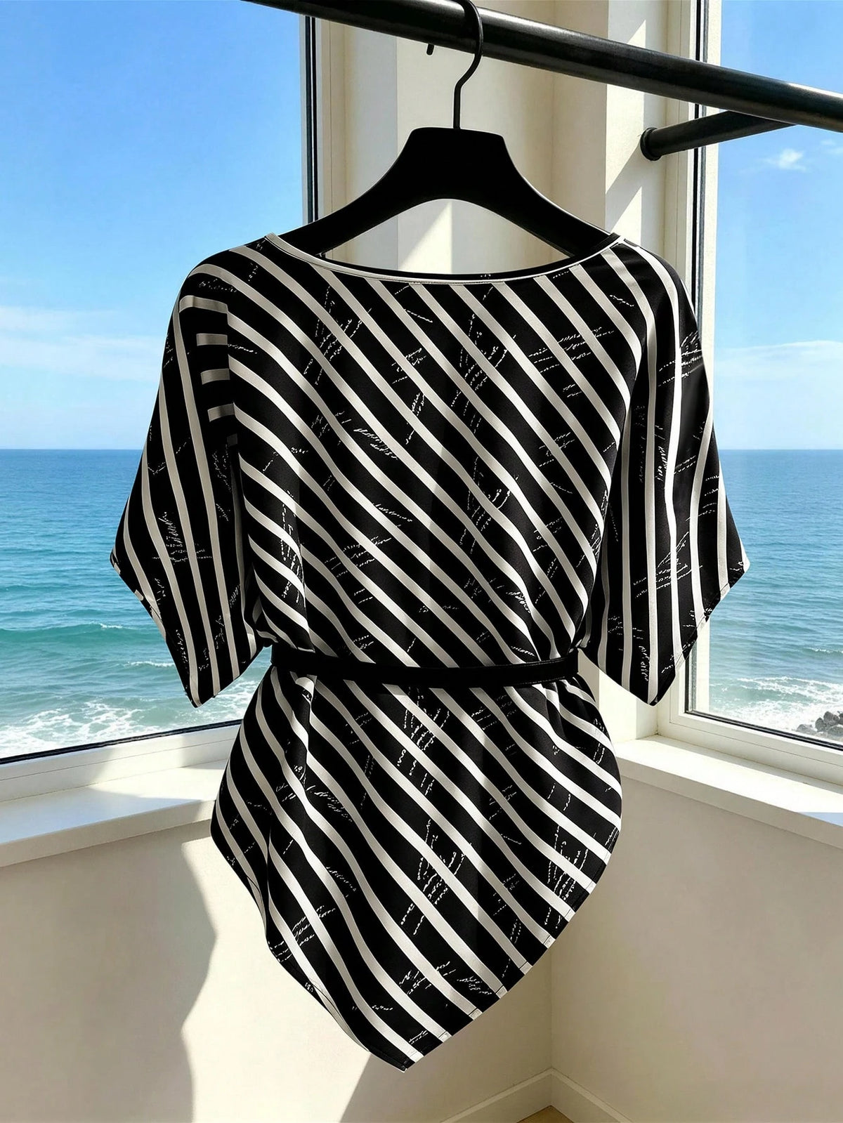 Franclia Women's Premium Luxury Vintage Asymmetrical Striped Belt Batwing Sleeve Cinched Waist Blouse, Summer Slimming Elegant Chic Top
