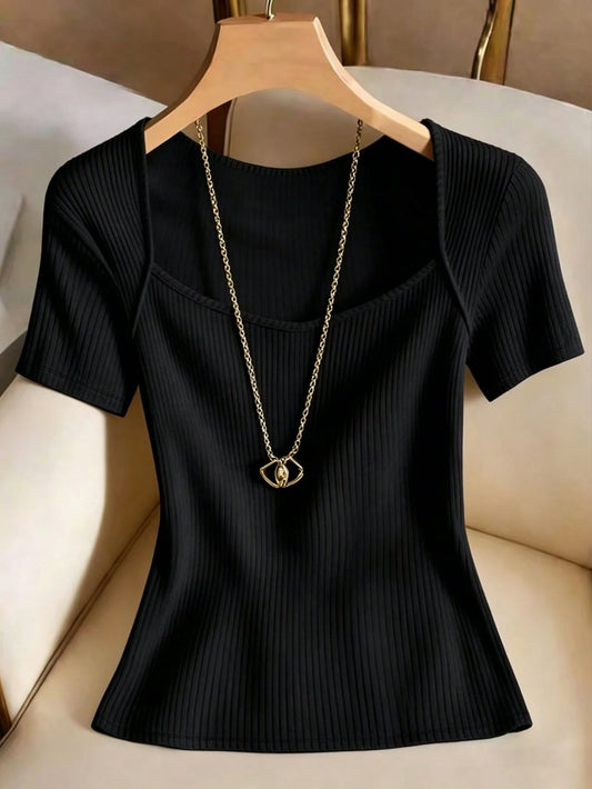 Franclia Women's Solid Color Casual Minimalist Versatile Daily Wear Short Sleeve T-Shirt Date Goin Out Black Summer