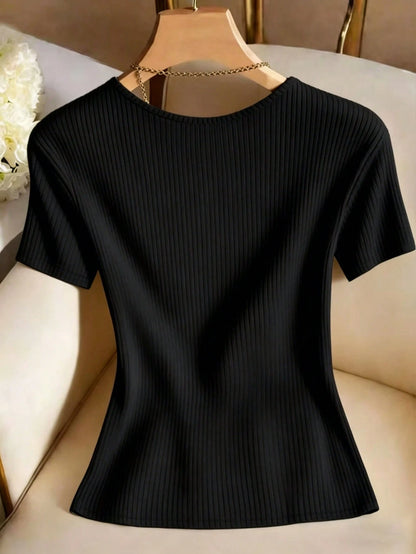 Franclia Women's Solid Color Casual Minimalist Versatile Daily Wear Short Sleeve T-Shirt Date Goin Out Black Summer