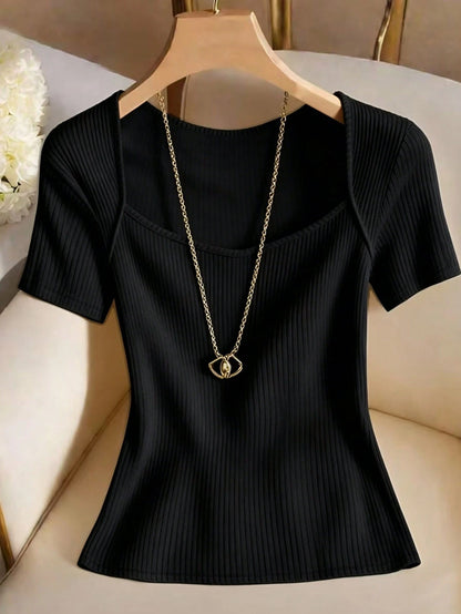 Franclia Women's Solid Color Casual Minimalist Versatile Daily Wear Short Sleeve T-Shirt Date Goin Out Black Summer