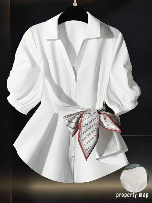 Franclia Women's Solid Color Pleated Polo Collar Short Sleeve Cinched Waist Chiffon Versatile White Blouse For Summer