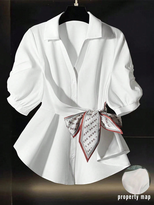 Franclia Women's Solid Color Pleated Polo Collar Short Sleeve Cinched Waist Chiffon Versatile White Blouse For Summer