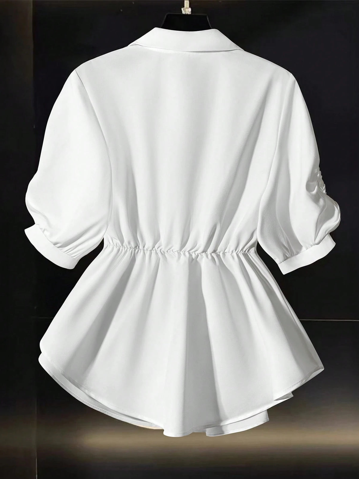 Franclia Women's Solid Color Pleated Polo Collar Short Sleeve Cinched Waist Chiffon Versatile White Blouse For Summer