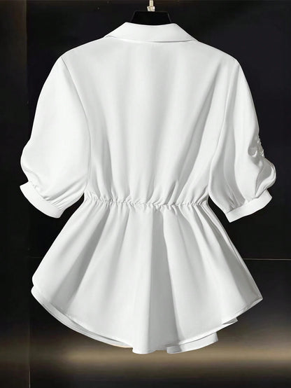 Franclia Women's Solid Color Pleated Polo Collar Short Sleeve Cinched Waist Chiffon Versatile White Blouse For Summer