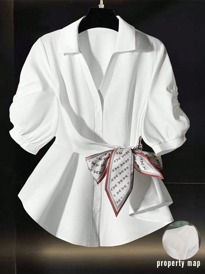 Franclia Women's Solid Color Pleated Polo Collar Short Sleeve Cinched Waist Chiffon Versatile White Blouse For Summer