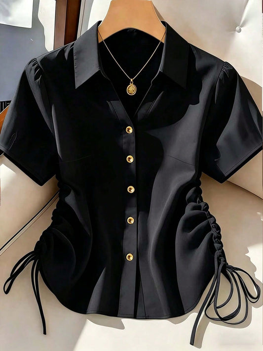 Franclia Women's Summer Casual Solid Color Side Drawstring Shirt