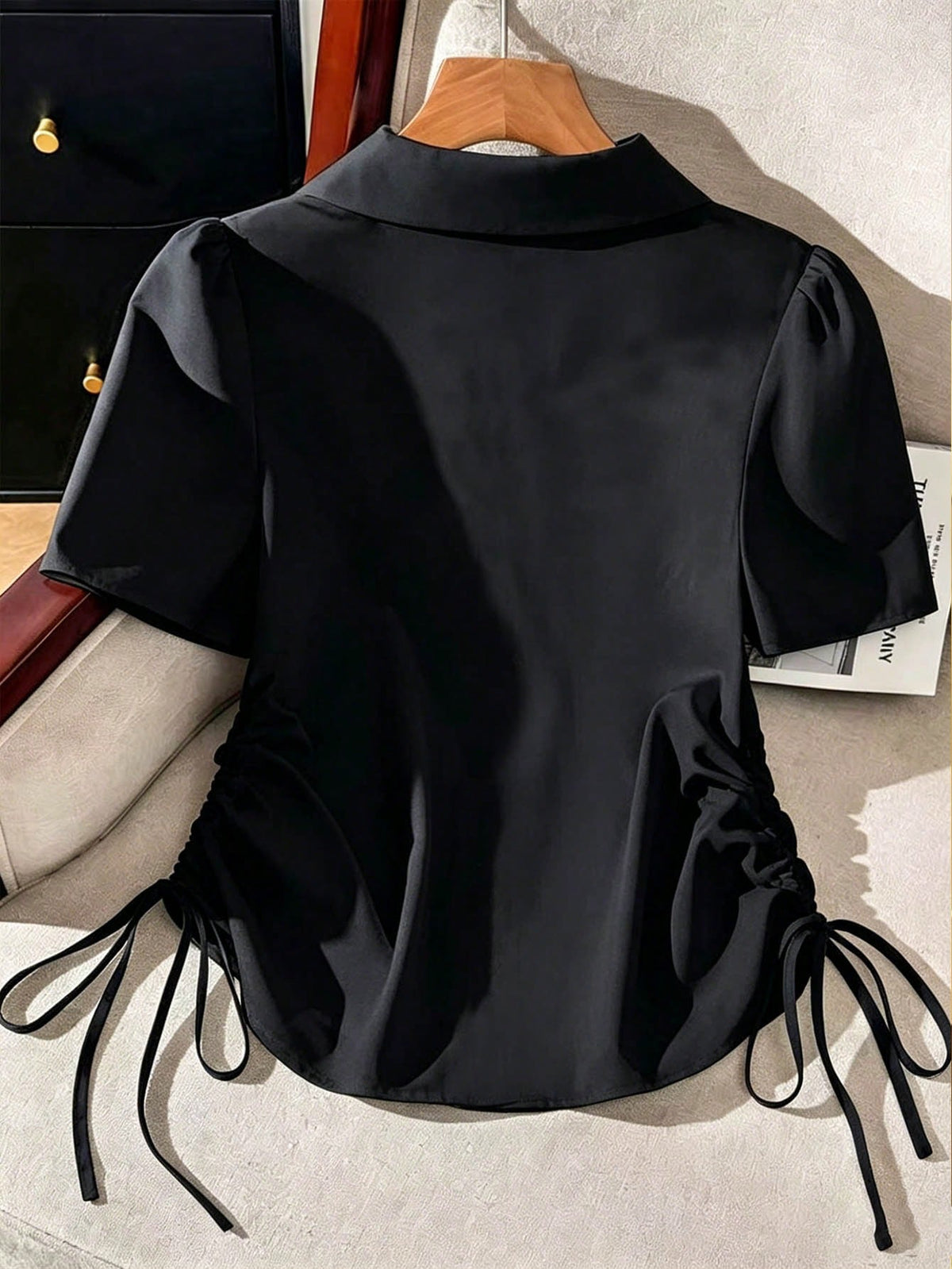 Franclia Women's Summer Casual Solid Color Side Drawstring Shirt