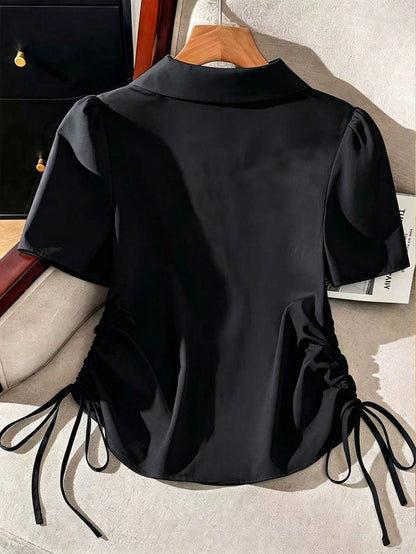 Franclia Women's Summer Casual Solid Color Side Drawstring Shirt