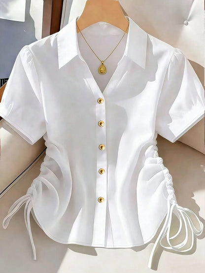Franclia Women's Summer Casual Solid Color Side Drawstring Shirt