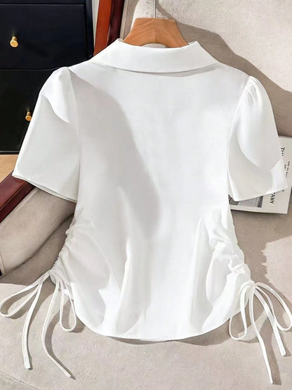 Franclia Women's Summer Casual Solid Color Side Drawstring Shirt
