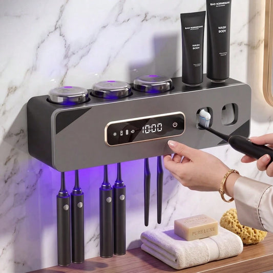 (Free 2 Toothbrushes)Automatic Toothpaste Dispenser, Rechargeable Toothbrush Holders For Bathrooms, 3 Cups Electric Toothbrush Holder Wall Mounted With Toothpaste Dispenser Bathroom Decor
