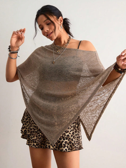 Freevana Bohemian Eleganza Boho Vintage Chocolate Brown Hollow Out Knit Top, Off Shoulder Loose Batwing Sleeve Cover Up, Relaxed Fit Daily Outerwear Vacation