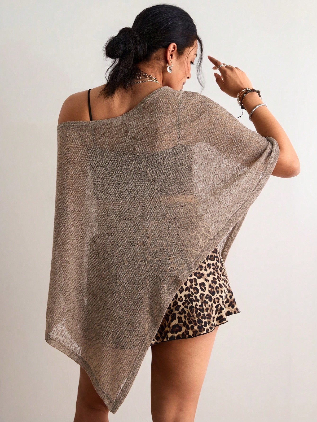 Freevana Bohemian Eleganza Boho Vintage Chocolate Brown Hollow Out Knit Top, Off Shoulder Loose Batwing Sleeve Cover Up, Relaxed Fit Daily Outerwear Vacation