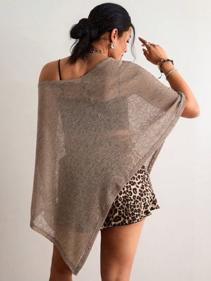 Freevana Bohemian Eleganza Boho Vintage Chocolate Brown Hollow Out Knit Top, Off Shoulder Loose Batwing Sleeve Cover Up, Relaxed Fit Daily Outerwear Vacation