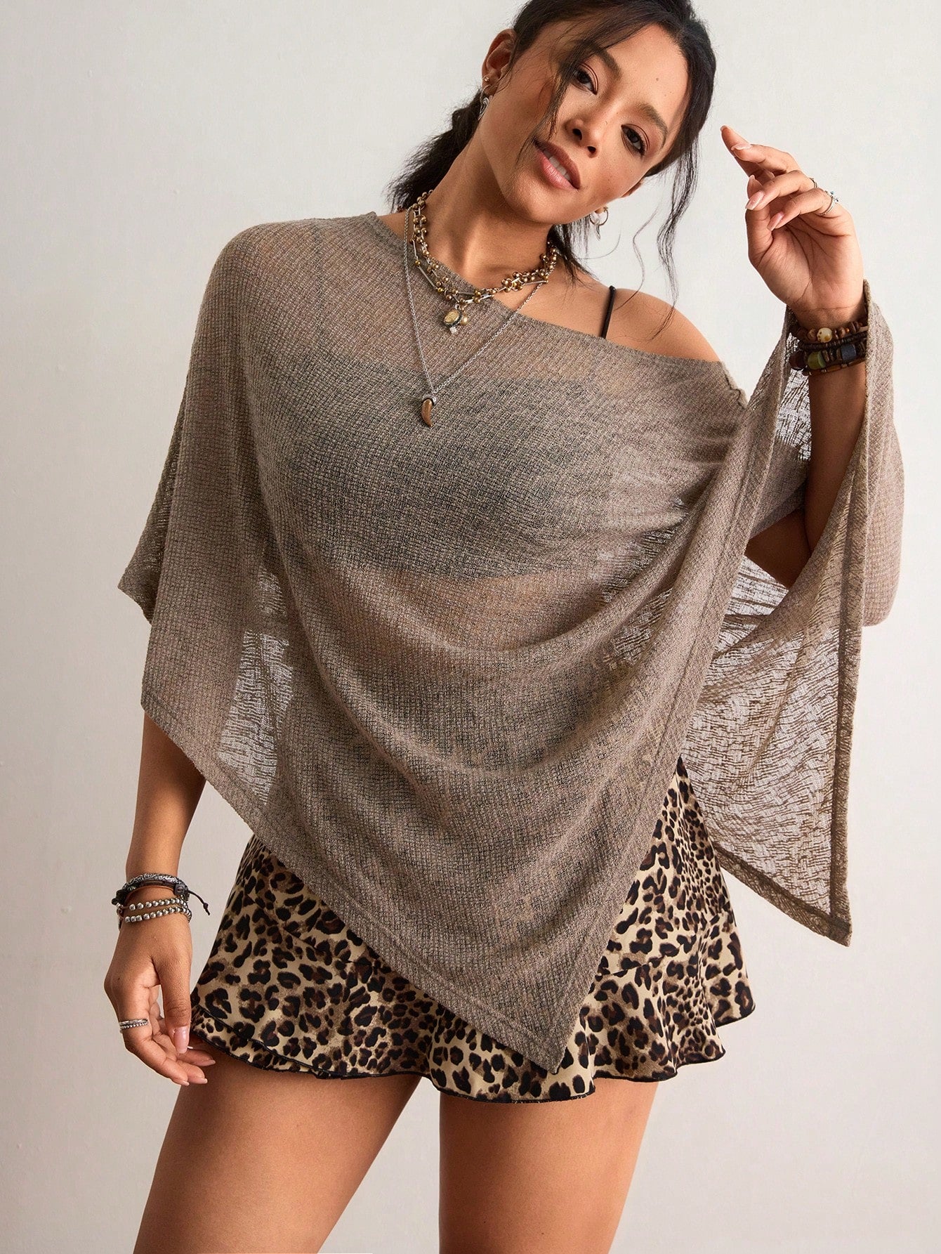 Freevana Bohemian Eleganza Boho Vintage Chocolate Brown Hollow Out Knit Top, Off Shoulder Loose Batwing Sleeve Cover Up, Relaxed Fit Daily Outerwear Vacation