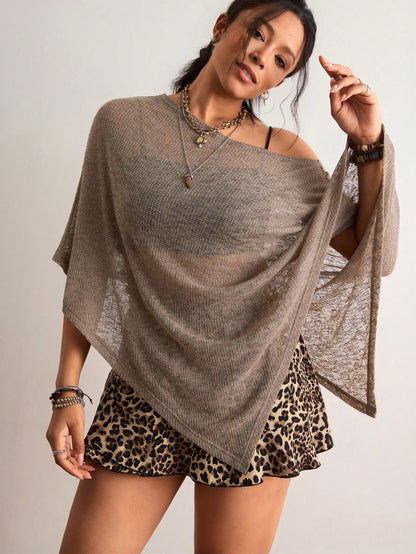 Freevana Bohemian Eleganza Boho Vintage Chocolate Brown Hollow Out Knit Top, Off Shoulder Loose Batwing Sleeve Cover Up, Relaxed Fit Daily Outerwear Vacation