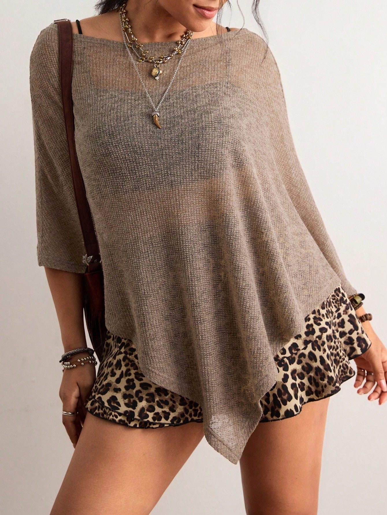 Freevana Bohemian Eleganza Boho Vintage Chocolate Brown Hollow Out Knit Top, Off Shoulder Loose Batwing Sleeve Cover Up, Relaxed Fit Daily Outerwear Vacation