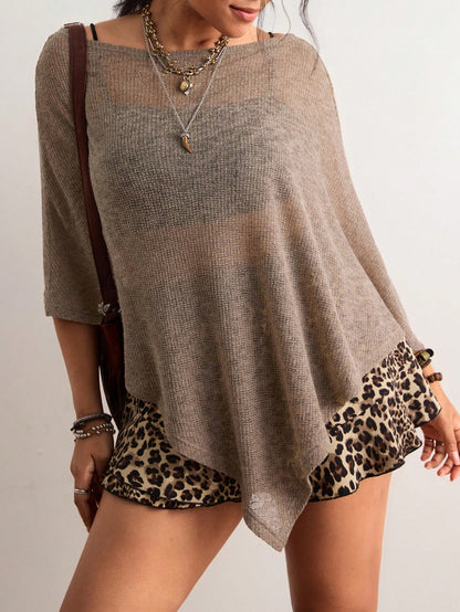 Freevana Bohemian Eleganza Boho Vintage Chocolate Brown Hollow Out Knit Top, Off Shoulder Loose Batwing Sleeve Cover Up, Relaxed Fit Daily Outerwear Vacation