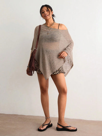 Freevana Bohemian Eleganza Boho Vintage Chocolate Brown Hollow Out Knit Top, Off Shoulder Loose Batwing Sleeve Cover Up, Relaxed Fit Daily Outerwear Vacation