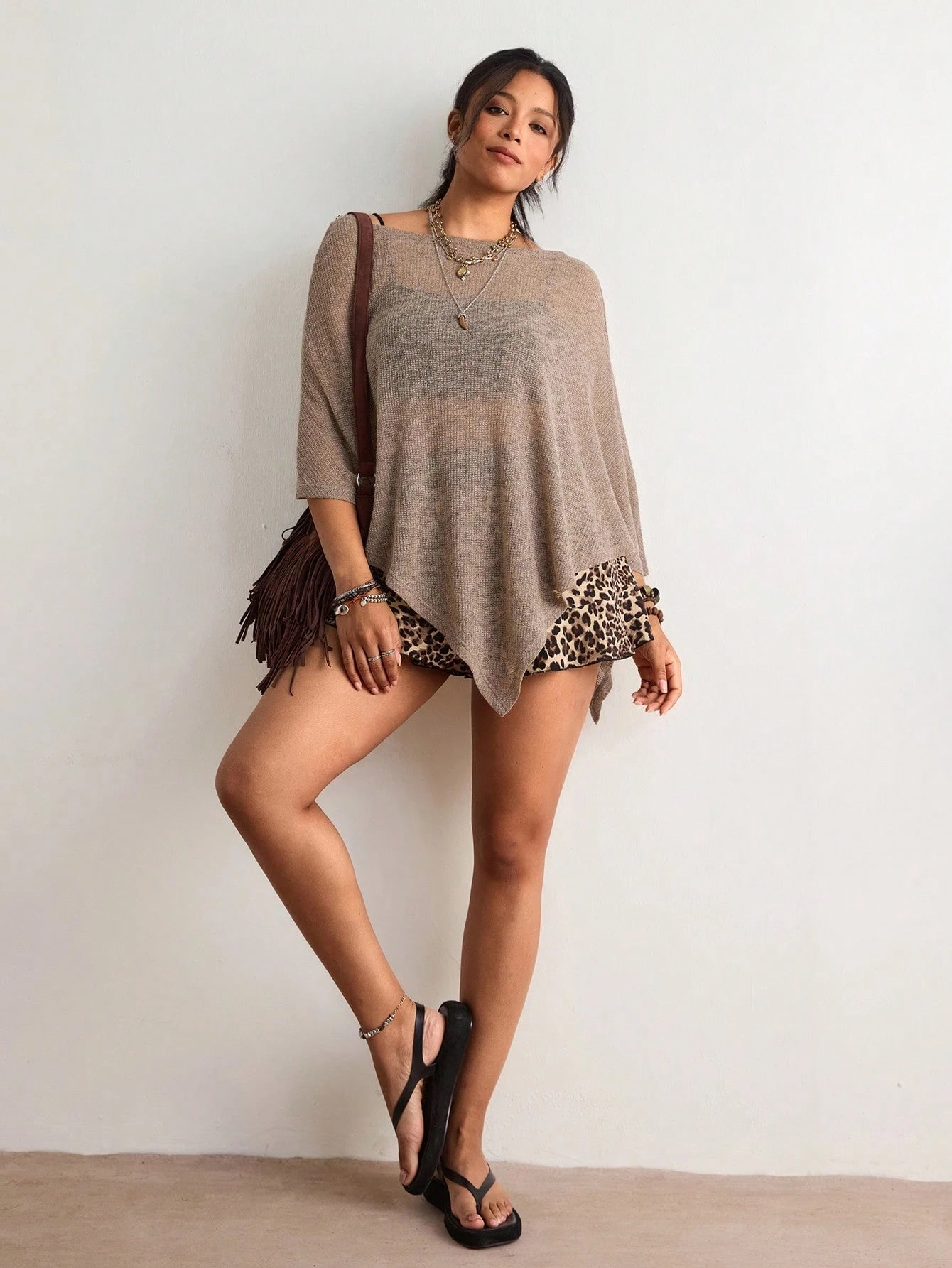 Freevana Bohemian Eleganza Boho Vintage Chocolate Brown Hollow Out Knit Top, Off Shoulder Loose Batwing Sleeve Cover Up, Relaxed Fit Daily Outerwear Vacation