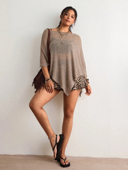 Freevana Bohemian Eleganza Boho Vintage Chocolate Brown Hollow Out Knit Top, Off Shoulder Loose Batwing Sleeve Cover Up, Relaxed Fit Daily Outerwear Vacation