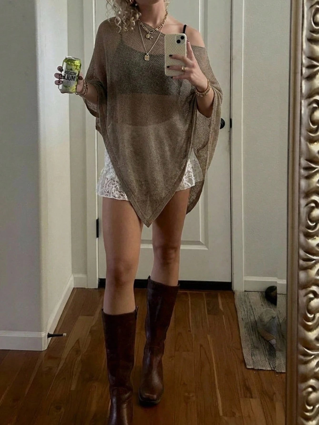 Freevana Bohemian Eleganza Boho Vintage Chocolate Brown Hollow Out Knit Top, Off Shoulder Loose Batwing Sleeve Cover Up, Relaxed Fit Daily Outerwear Vacation