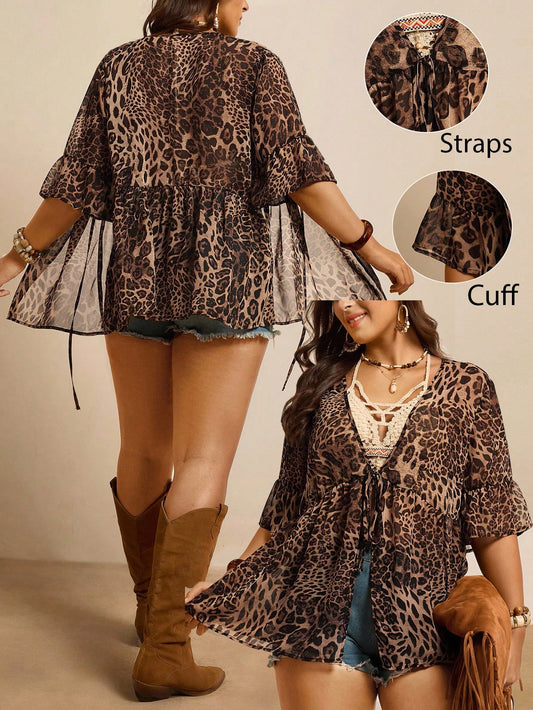 Freevana Plus Size Leopard Print Kimono Brown Tropical Holiday,3/4 Trumpet Sleeve Front Center Tie Sun Protection Beachwear,Boho Waist- Casual Top