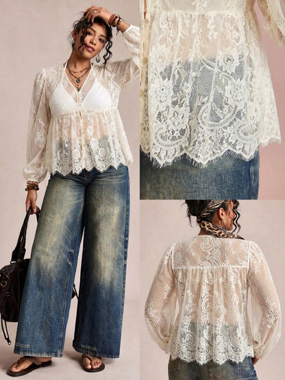Freevana Plus Size Women's Lace Shell Button Sheer Blouse,Lantern Sleeve Loose Shirt,White Summer Boho Holiday Cover-Up,Bachelorette Party Tea Party Top Fall