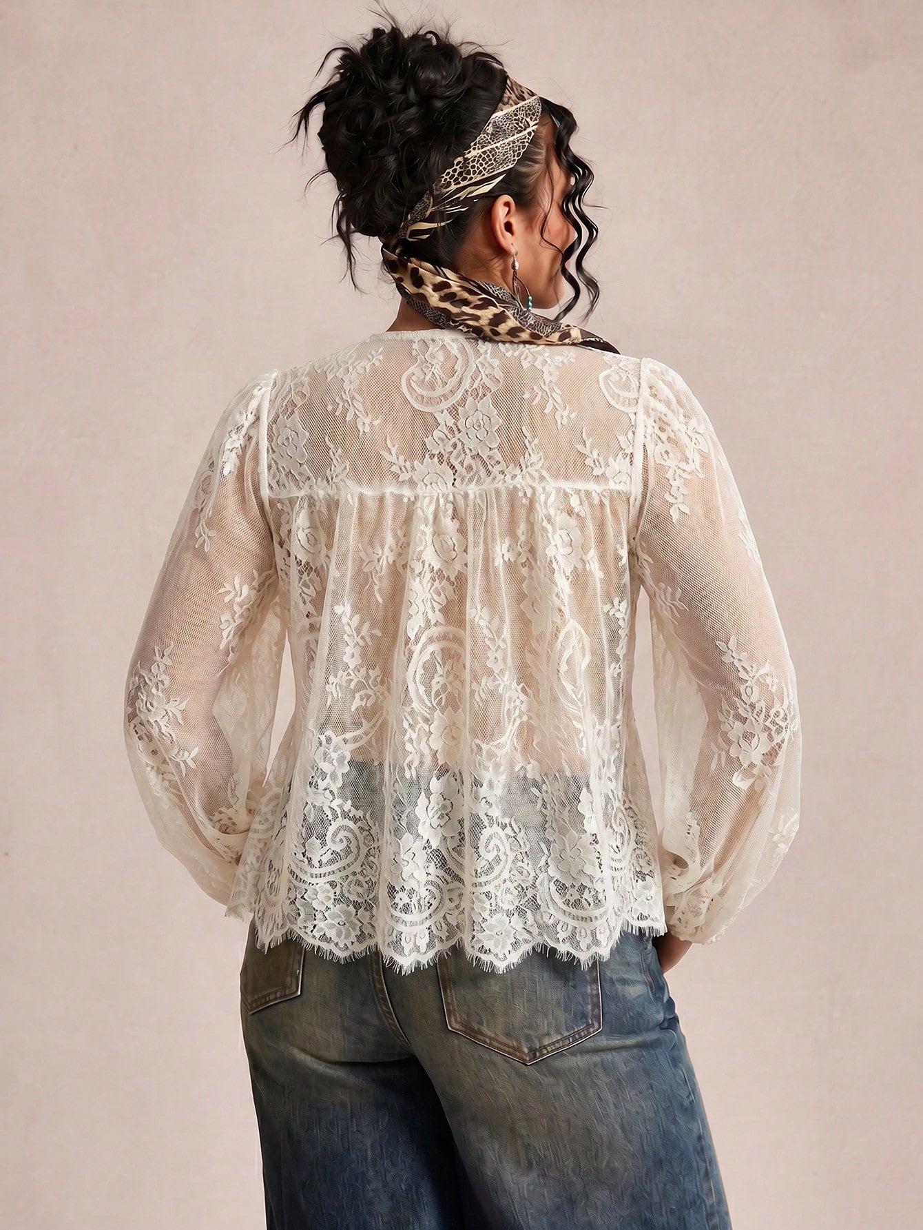 Freevana Plus Size Women's Lace Shell Button Sheer Blouse,Lantern Sleeve Loose Shirt,White Summer Boho Holiday Cover-Up,Bachelorette Party Tea Party Top Fall