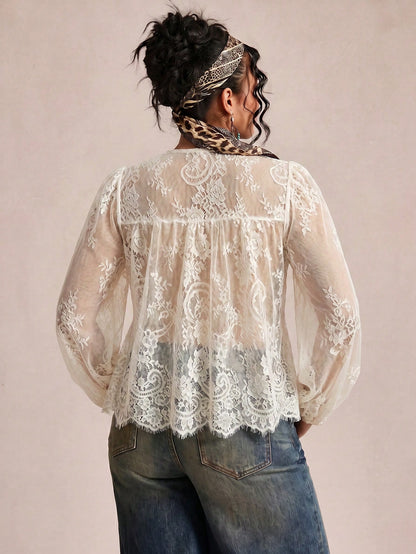 Freevana Plus Size Women's Lace Shell Button Sheer Blouse,Lantern Sleeve Loose Shirt,White Summer Boho Holiday Cover-Up,Bachelorette Party Tea Party Top Fall
