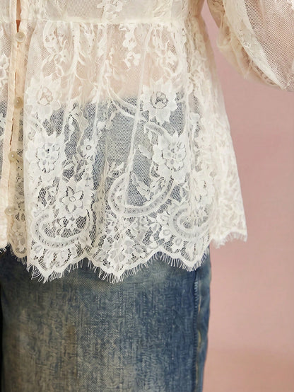 Freevana Plus Size Women's Lace Shell Button Sheer Blouse,Lantern Sleeve Loose Shirt,White Summer Boho Holiday Cover-Up,Bachelorette Party Tea Party Top Fall