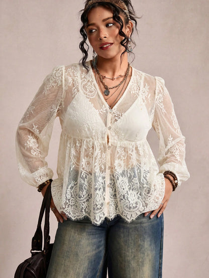 Freevana Plus Size Women's Lace Shell Button Sheer Blouse,Lantern Sleeve Loose Shirt,White Summer Boho Holiday Cover-Up,Bachelorette Party Tea Party Top Fall