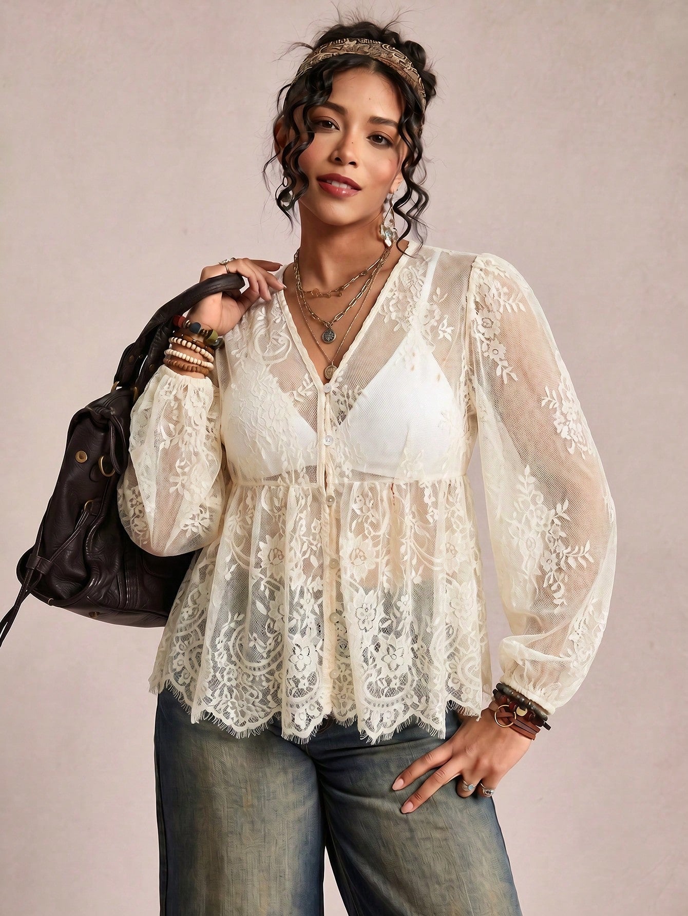 Freevana Plus Size Women's Lace Shell Button Sheer Blouse,Lantern Sleeve Loose Shirt,White Summer Boho Holiday Cover-Up,Bachelorette Party Tea Party Top Fall