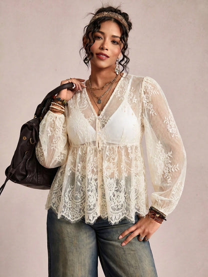 Freevana Plus Size Women's Lace Shell Button Sheer Blouse,Lantern Sleeve Loose Shirt,White Summer Boho Holiday Cover-Up,Bachelorette Party Tea Party Top Fall