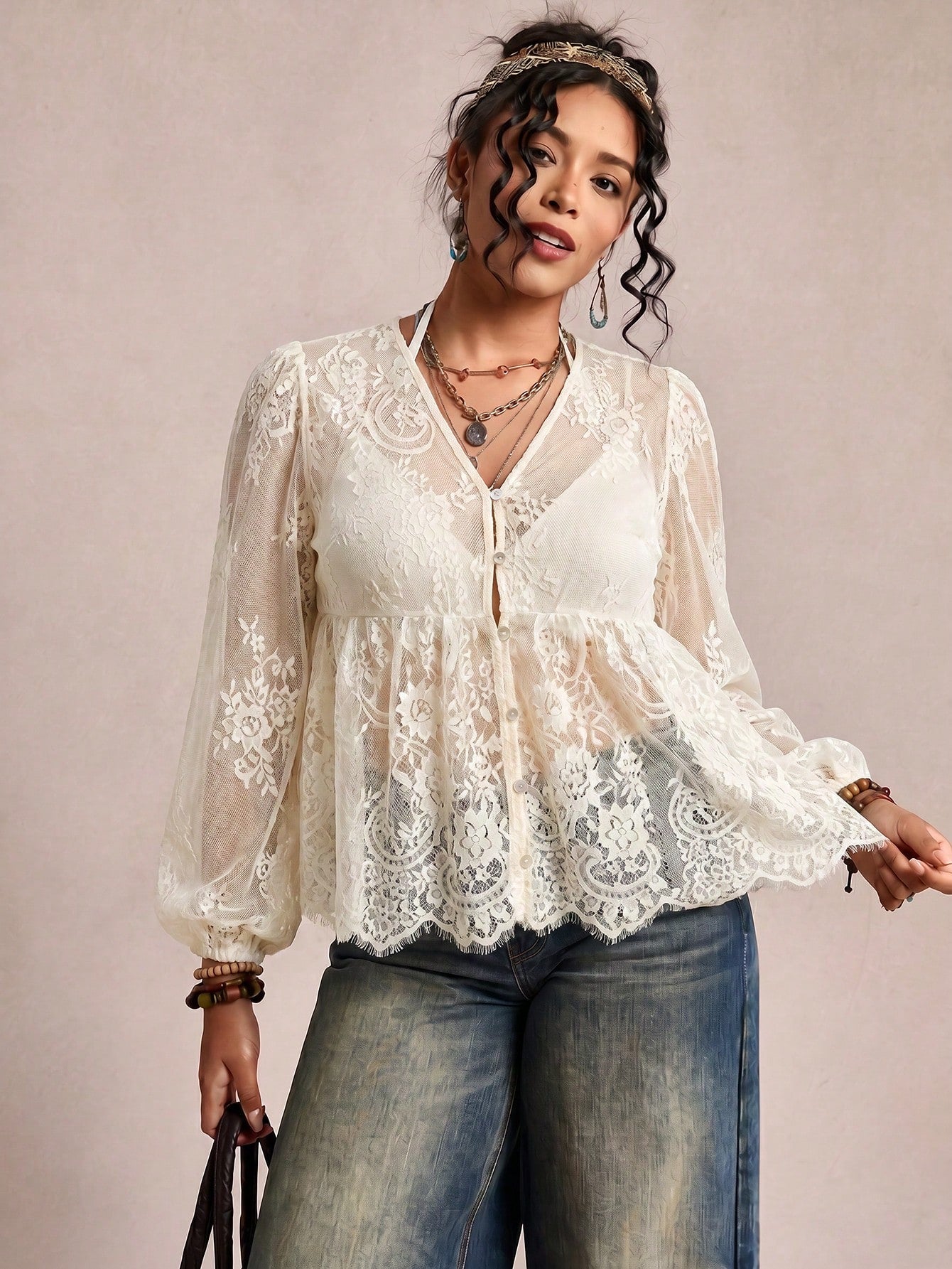 Freevana Plus Size Women's Lace Shell Button Sheer Blouse,Lantern Sleeve Loose Shirt,White Summer Boho Holiday Cover-Up,Bachelorette Party Tea Party Top Fall