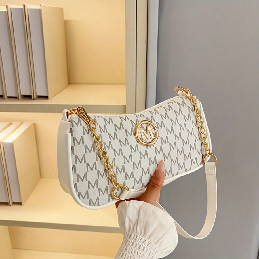 French Vintage Underarm Bag For Women, New Letter Print Small Square Crossbody Bag With Chain Strap, Shoulder Handbag, Perfect Lily Women's Adjustable Crossbody Strap With M Logo, Suitable For Daily C