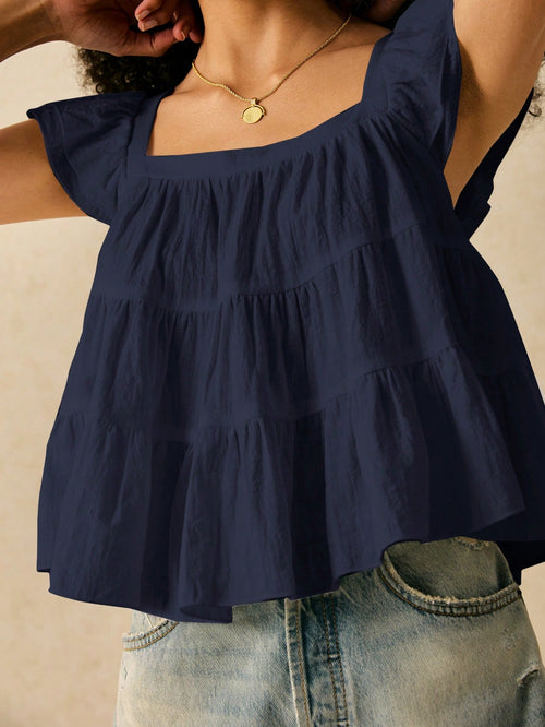 Frenchy Square Neck Navy Blue Women's Blouse With Flared Hem And Woven Fabric Summer Elegant
