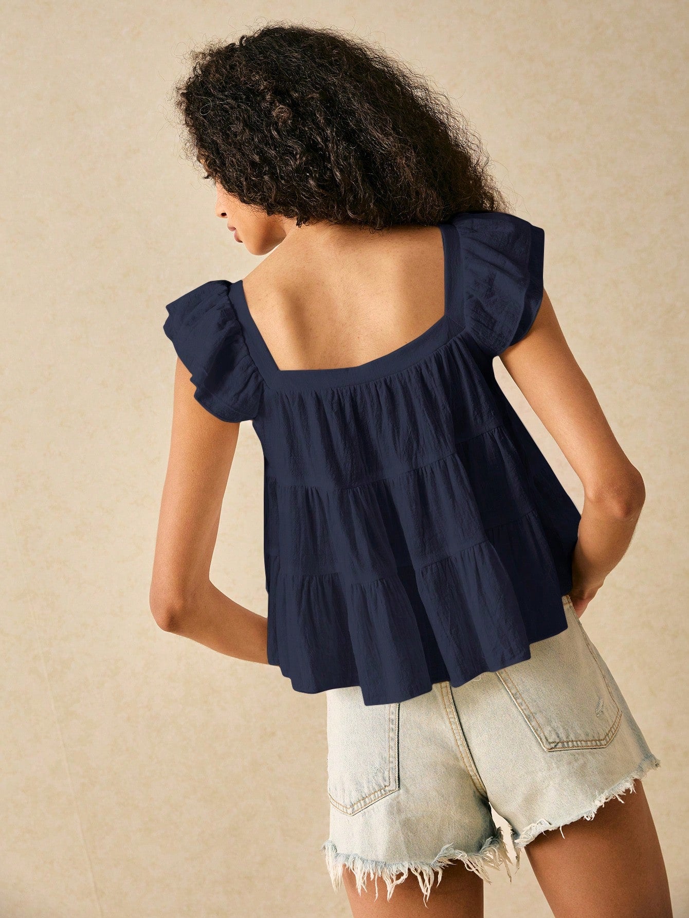 Frenchy Square Neck Navy Blue Women's Blouse With Flared Hem And Woven Fabric Summer Elegant
