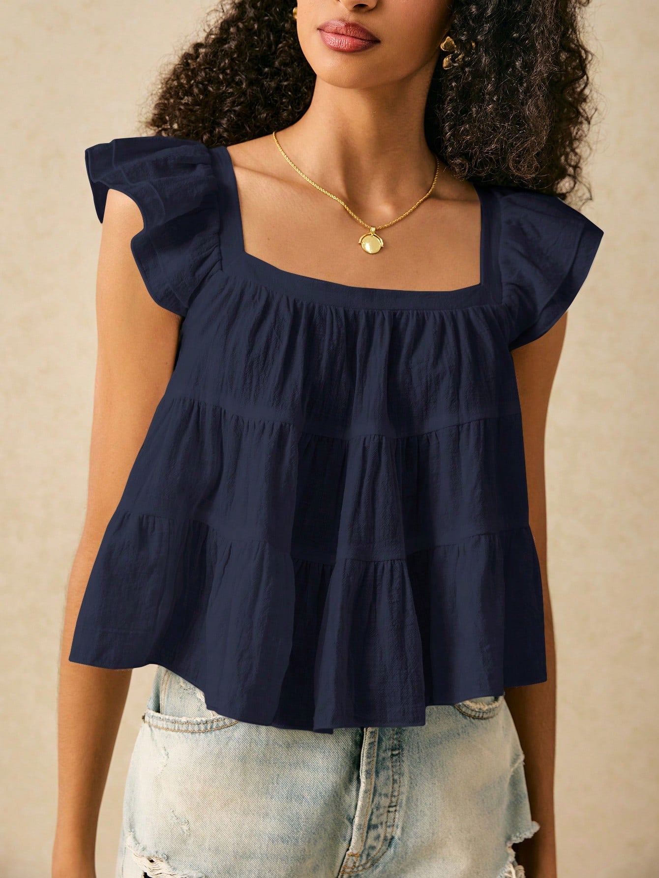 Frenchy Square Neck Navy Blue Women's Blouse With Flared Hem And Woven Fabric Summer Elegant