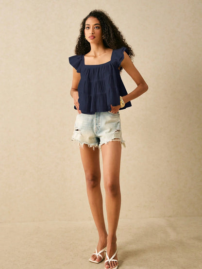 Frenchy Square Neck Navy Blue Women's Blouse With Flared Hem And Woven Fabric Summer Elegant