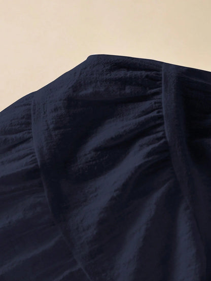 Frenchy Square Neck Navy Blue Women's Blouse With Flared Hem And Woven Fabric Summer Elegant