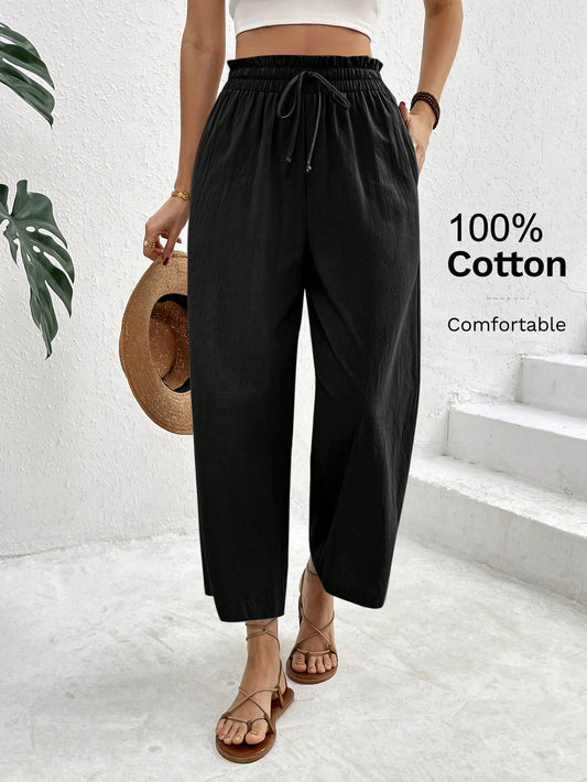Frenchy Women's Elastic Waist Drawstring Loose Casual Comfortable Pants For Summer Winter Black,Black Pant Casual Black Spring