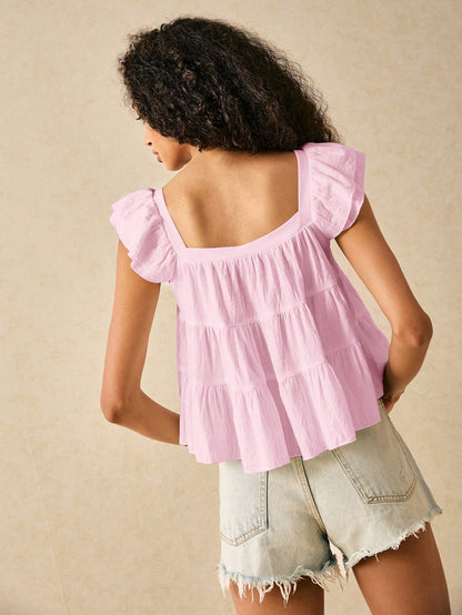 Frenchy Women's Solid Color Square Neck Cap Sleeve Loose Blouse,Summer Top Elegant