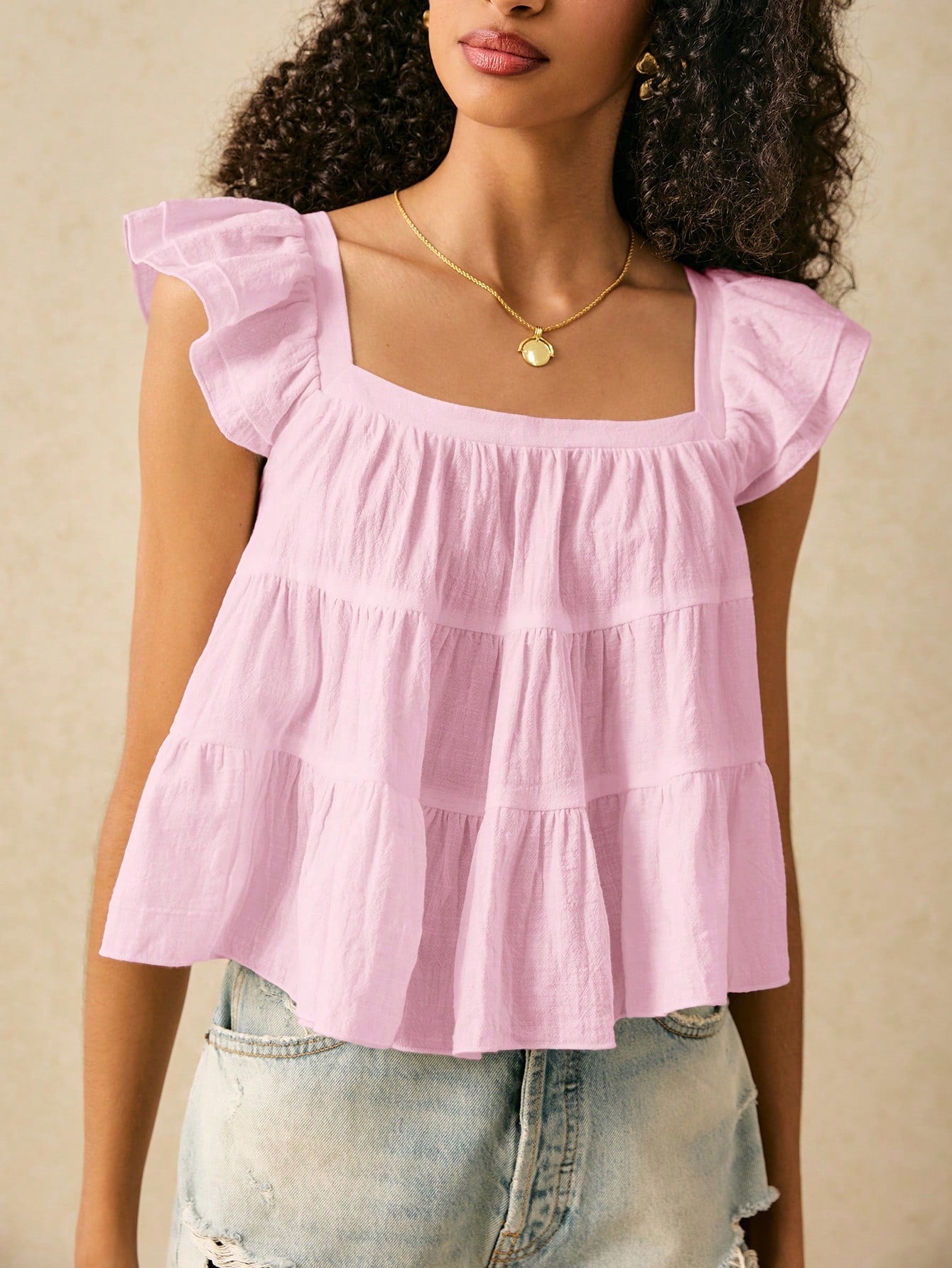 Frenchy Women's Solid Color Square Neck Cap Sleeve Loose Blouse,Summer Top Elegant