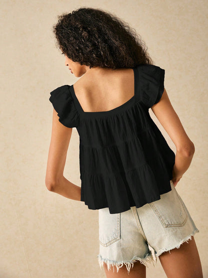 Frenchy Women's Solid Color Square Neck Cap Sleeve Loose Blouse,Summer Top Elegant