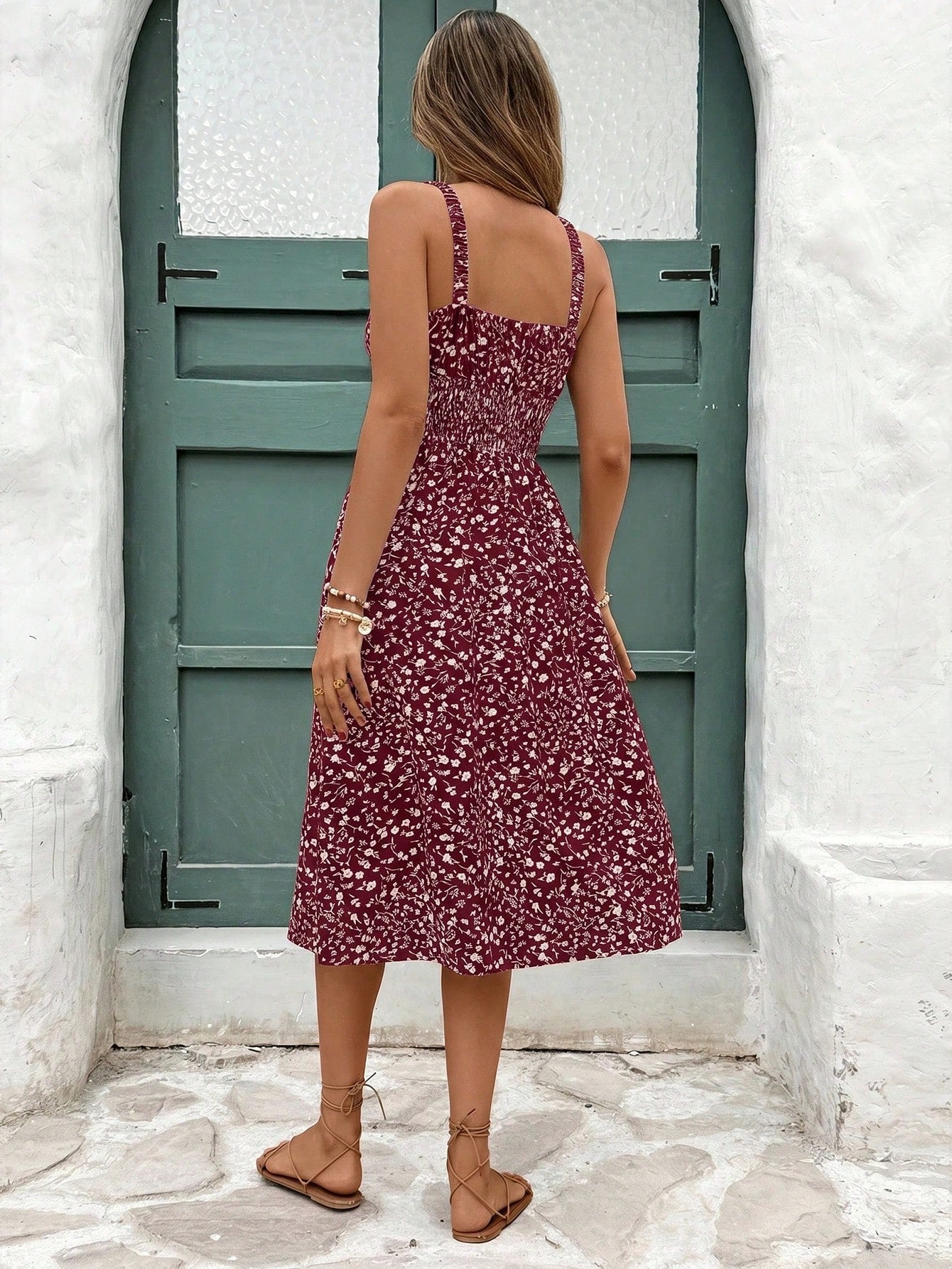 Frenchy Women's Vacation Casual Ditsy Floral Print Spaghetti Strap Midi Dress