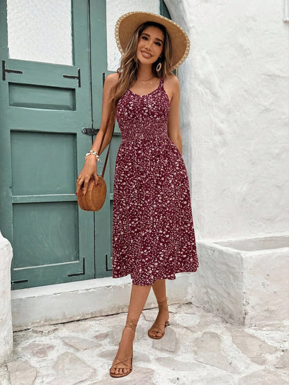 Frenchy Women's Vacation Casual Ditsy Floral Print Spaghetti Strap Midi Dress