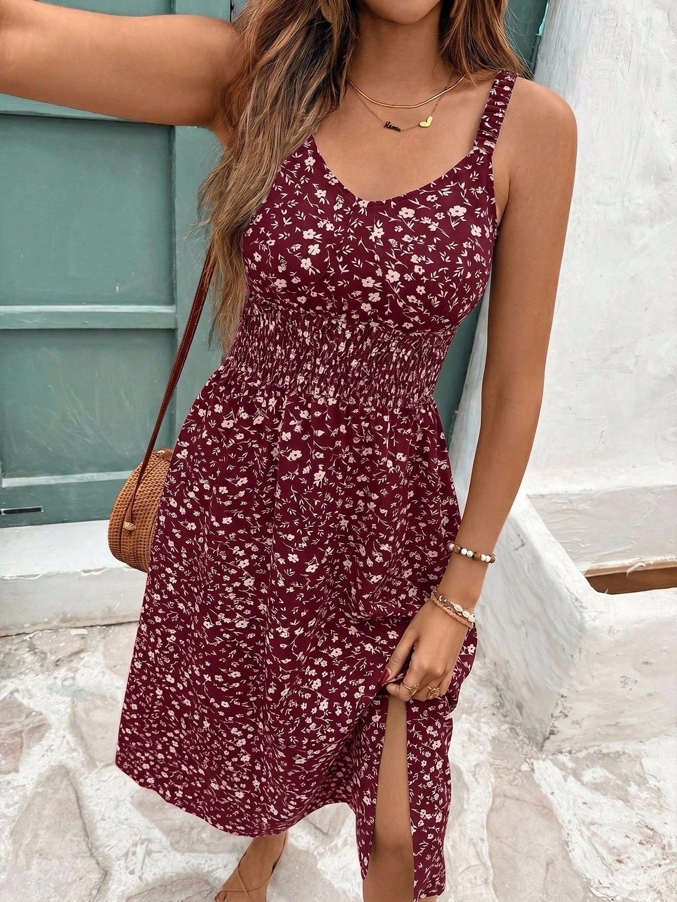 Frenchy Women's Vacation Casual Ditsy Floral Print Spaghetti Strap Midi Dress